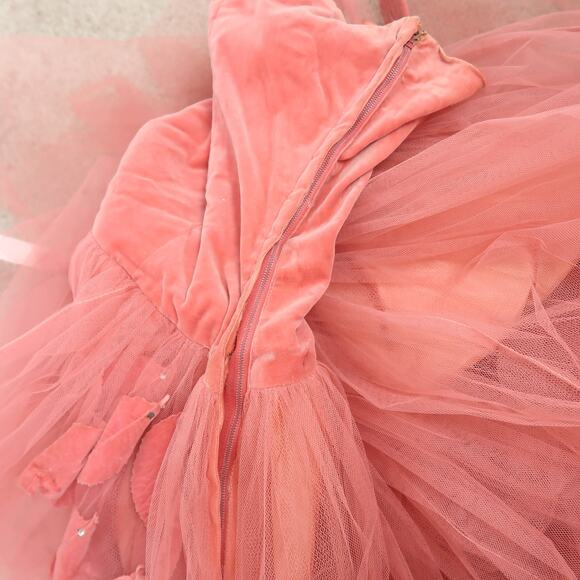 Vintage 50s Strapless Coral Pink Tulle Velvet Leaf Applique Formal Prom Dress XS - Picture 7 of 9
